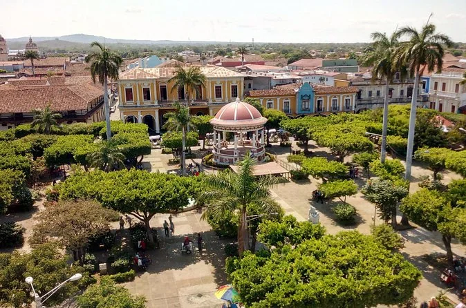 Aerial view of Granada's central park and colonial buildings