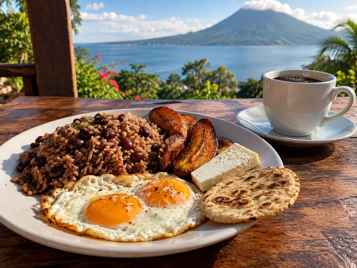 Ein nicaraguanisches Frühstück mit gallo pinto, Eiern, frittierten Kochbananen und Käse mit Seeblick